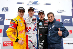 Prize giving ceremony, 3 Antonio Giovinazzi (ITA, Jagonya Ayam with Carlin, Dallara F312 - Volkswagen), 2 Jake Dennis (GBR, Prema Powerteam, Dallara F312 – Mercedes-Benz), 7 Charles Leclerc (MCO, Van Amersfoort Racing, Dallara F312 – Volkswagen), Jean Alesi (former Formula 1 driver), FIA Formula 3 European Championship, round 3, race 1, Pau (FRA) - 15. - 17. May 2015